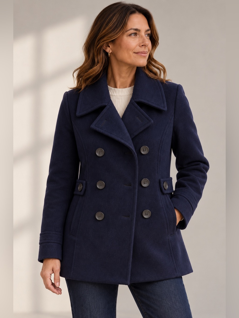 Cleo Petite Navy Wool Blend Peacoat Jacket Size 14P Double Breasted